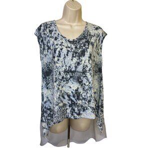 Sleeveless Boho Printed Top Blouse Blue White High-Low Hem Medium Casual Classic